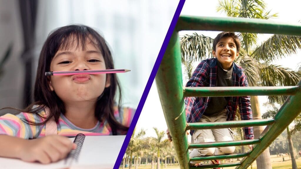 Two young children smiling and playing -- one indoors, one outdoors