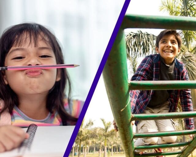 Two young children smiling and playing -- one indoors, one outdoors